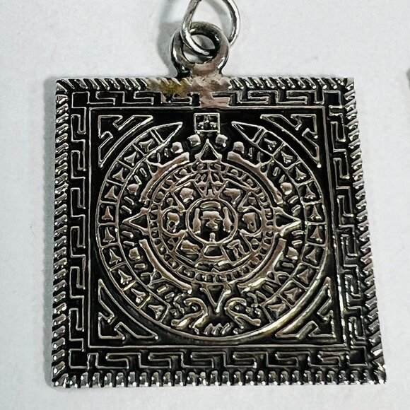 925 Stamped Mexico Aztec Calendar .5" Square .8" Drop Pierced Earrings - Picture 2 of 5
